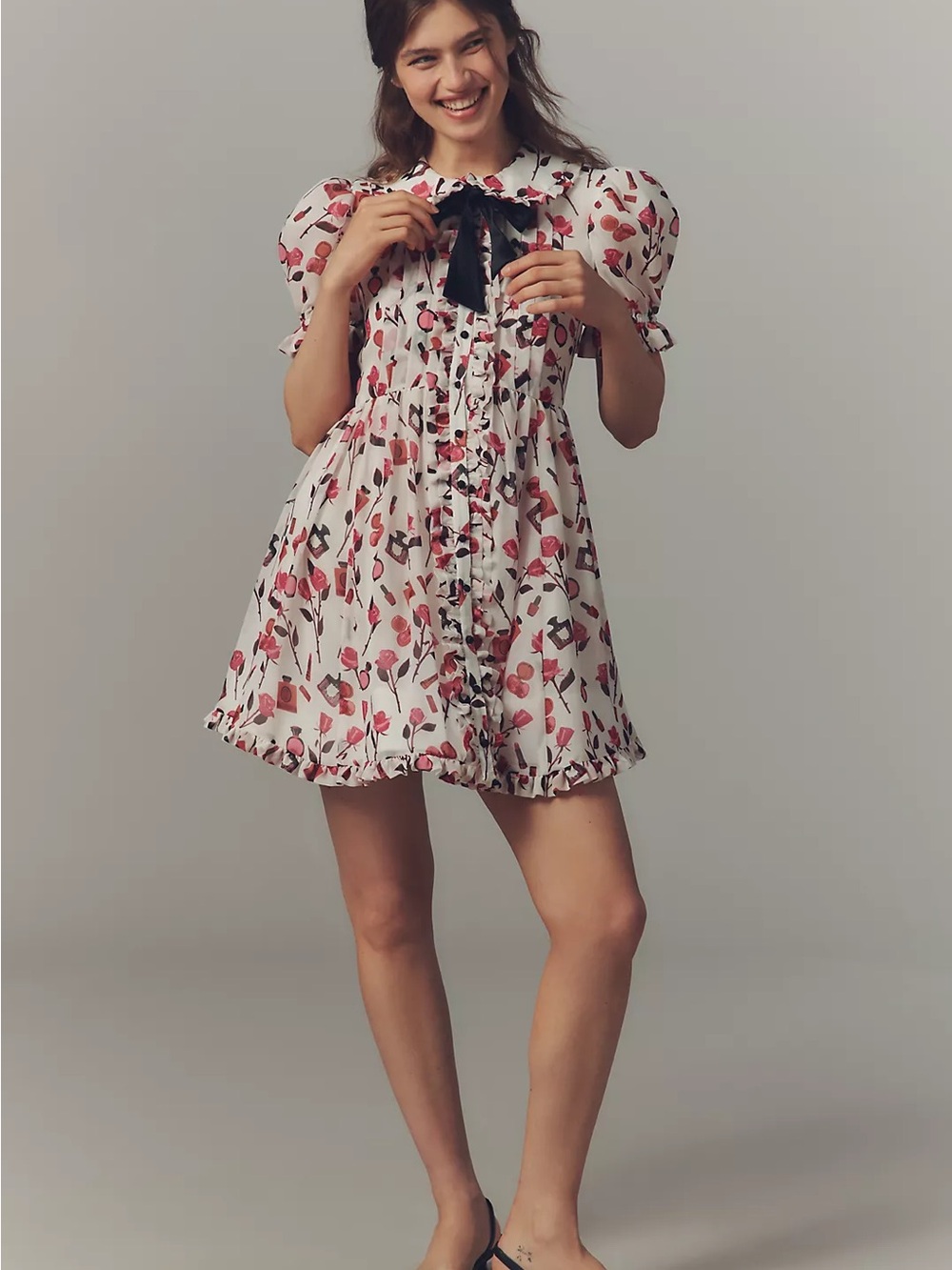 Maeve | Floral Bow-Front Mini Dress in White and Pink